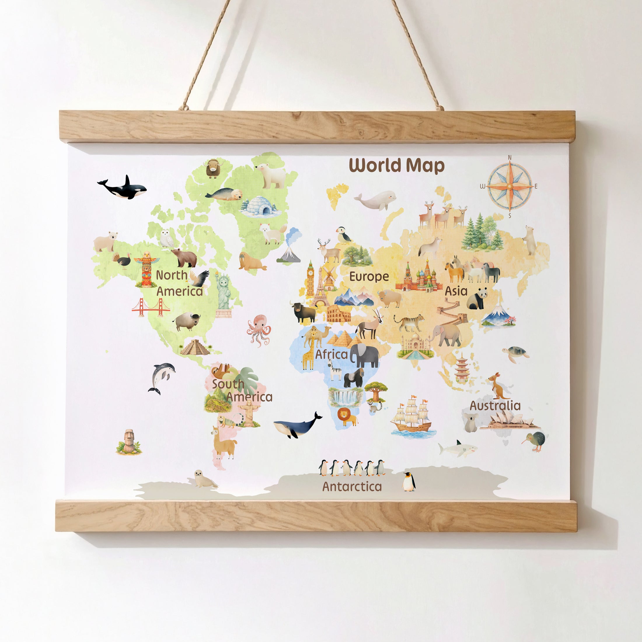 Landmarks & Animal World Map Print – Kids Room, Nursery & Playroom Wall Art