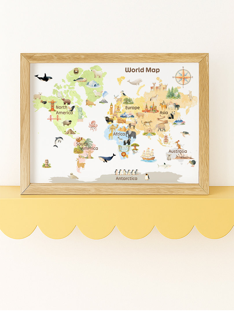 Landmarks & Animal World Map Print – Kids Room, Nursery & Playroom Wall Art