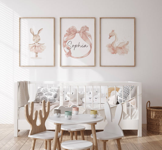 Set of 3 Personalised Girls Ballet Nursery Prints, Childs Custom Name Poster, Pink Dance Decor Wall Art for Nursery, Bedroom or Playroom