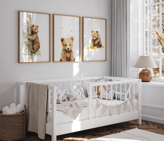 Set of 3 Nursery Wall Prints, Bear Theme Decor For Babies Bedroom, Neutral Nursery Animal Wall Art, Playroom Pictures, Bee Nursery Art