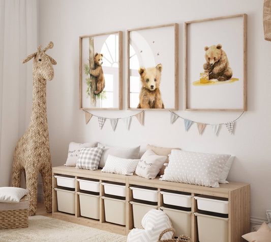 Bear Theme Nursery Prints | Set of 3 | Neutral Animal Wall Art for Baby's Bedroom - RoseRowanDesign