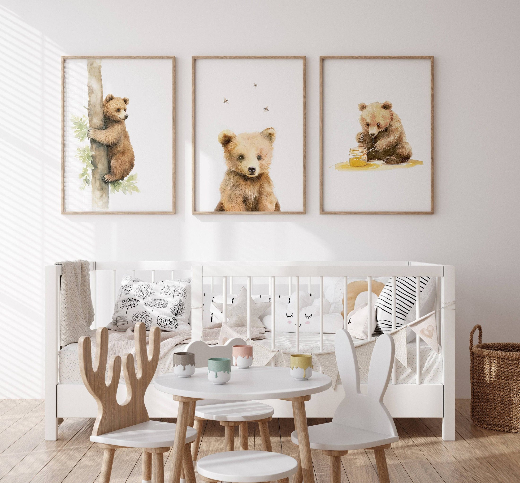 Bear Theme Nursery Prints | Set of 3 | Neutral Animal Wall Art for Baby's Bedroom - RoseRowanDesign