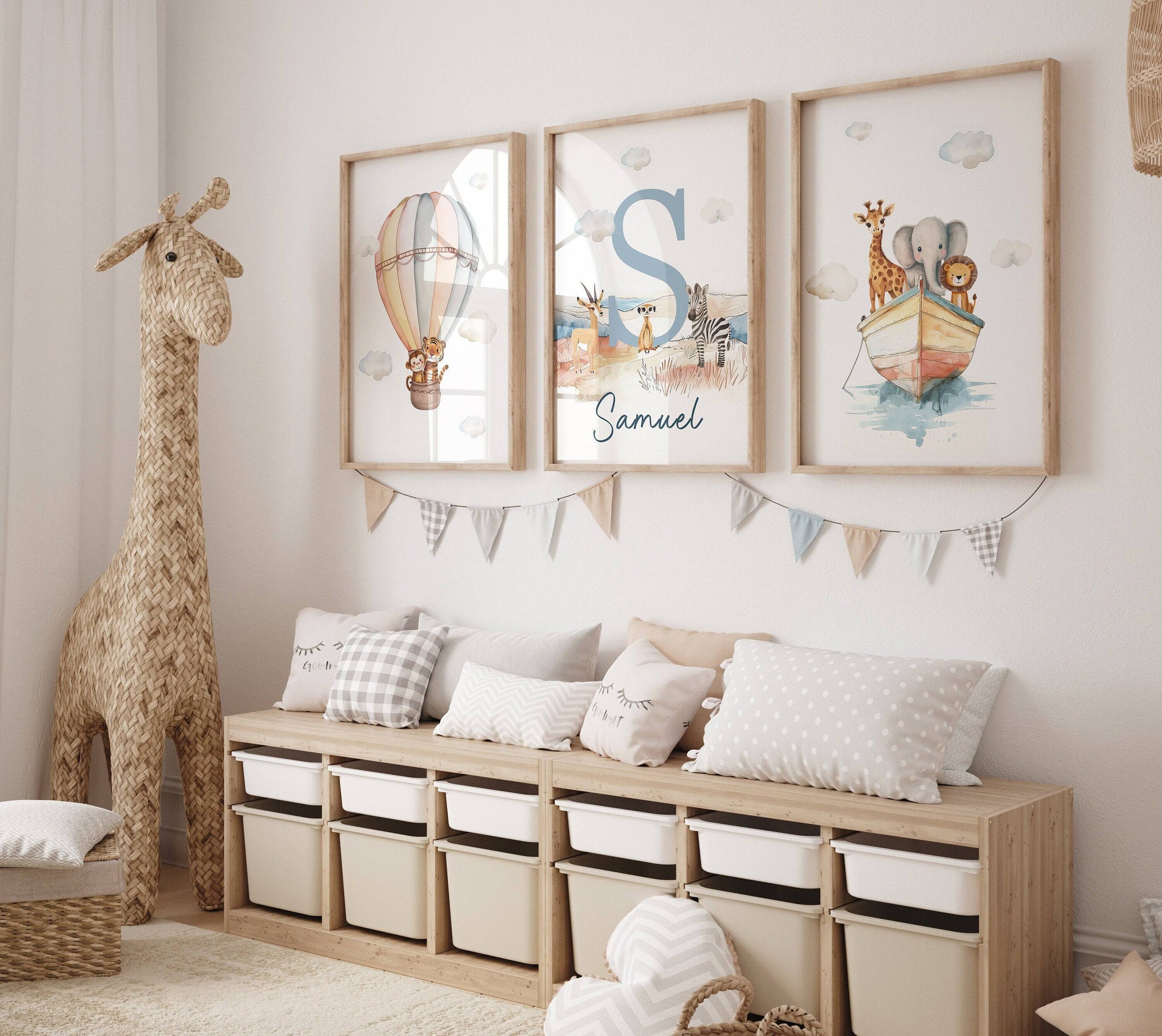 Personalised Set of 3 Safari Animal Prints for Nursery, Kids Bedroom or Playroom - Custom Initial for Baby's Room - Hot Air Balloon, Boat - RoseRowanDesign