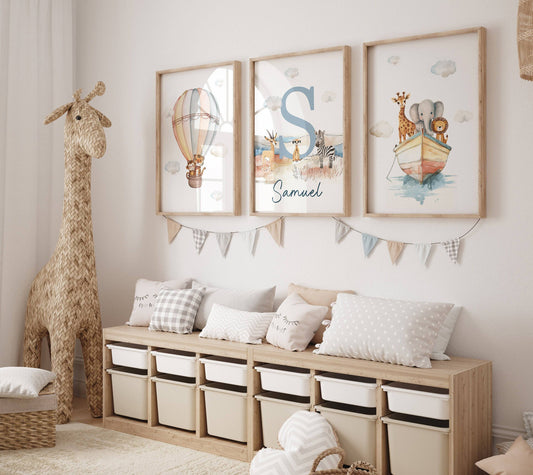 Personalised Set of 3 Safari Animal Prints for Nursery, Kids Bedroom or Playroom - Custom Initial for Baby's Room - Hot Air Balloon, Boat - RoseRowanDesign