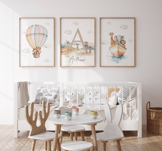 Personalised Set of 3 Safari Animal Prints for Nursery, Kids Bedroom or Playroom - Custom Initial for Baby's Room - Hot Air Balloon, Boat - RoseRowanDesign