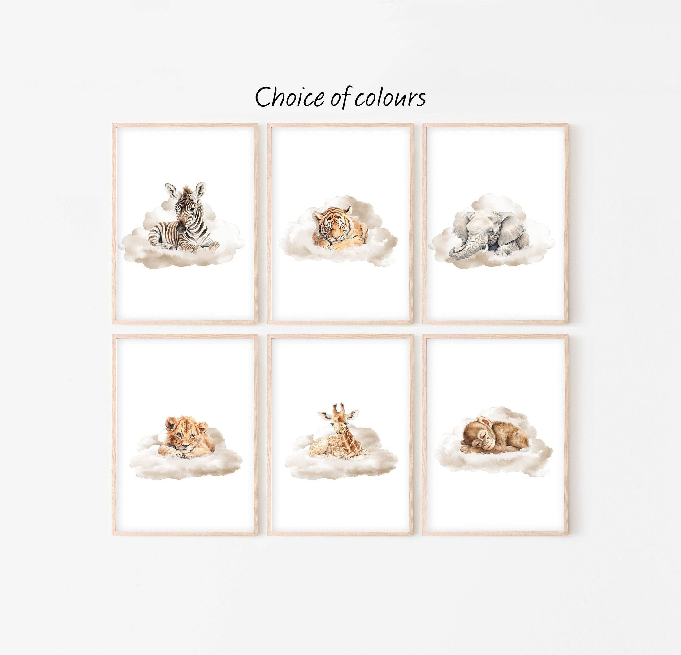 Safari Animal Nursery Prints | Set of 6 | Neutral Safari Theme Wall Art for Baby's Room - RoseRowanDesign