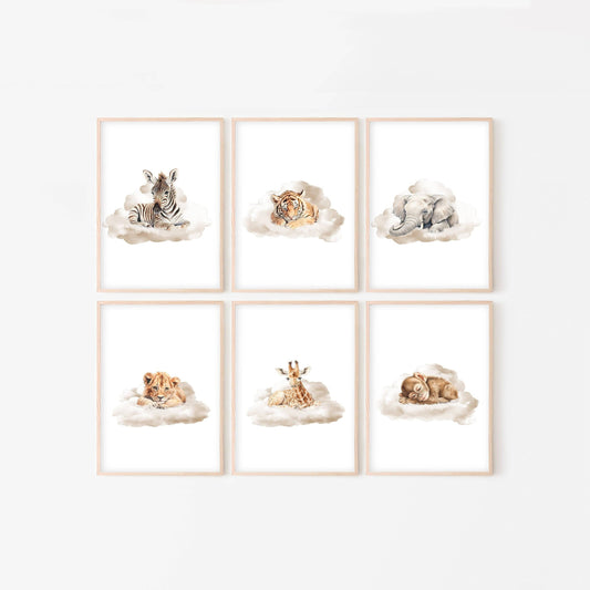 Safari Animal Nursery Prints | Set of 6 | Neutral Safari Theme Wall Art for Baby's Room - RoseRowanDesign