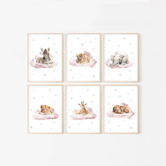 Safari Animal Nursery Prints | Set of 6 | Safari Theme Wall Art for Baby's Room - RoseRowanDesign
