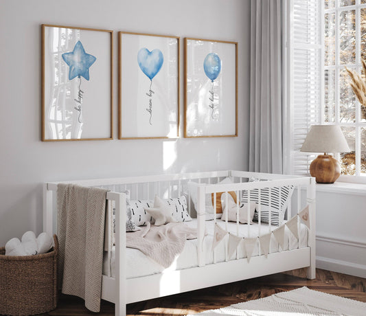 Blue Balloon Nursery Wall Art | Set of 3 | Boys Bedroom &amp; Playroom Decor - RoseRowanDesign