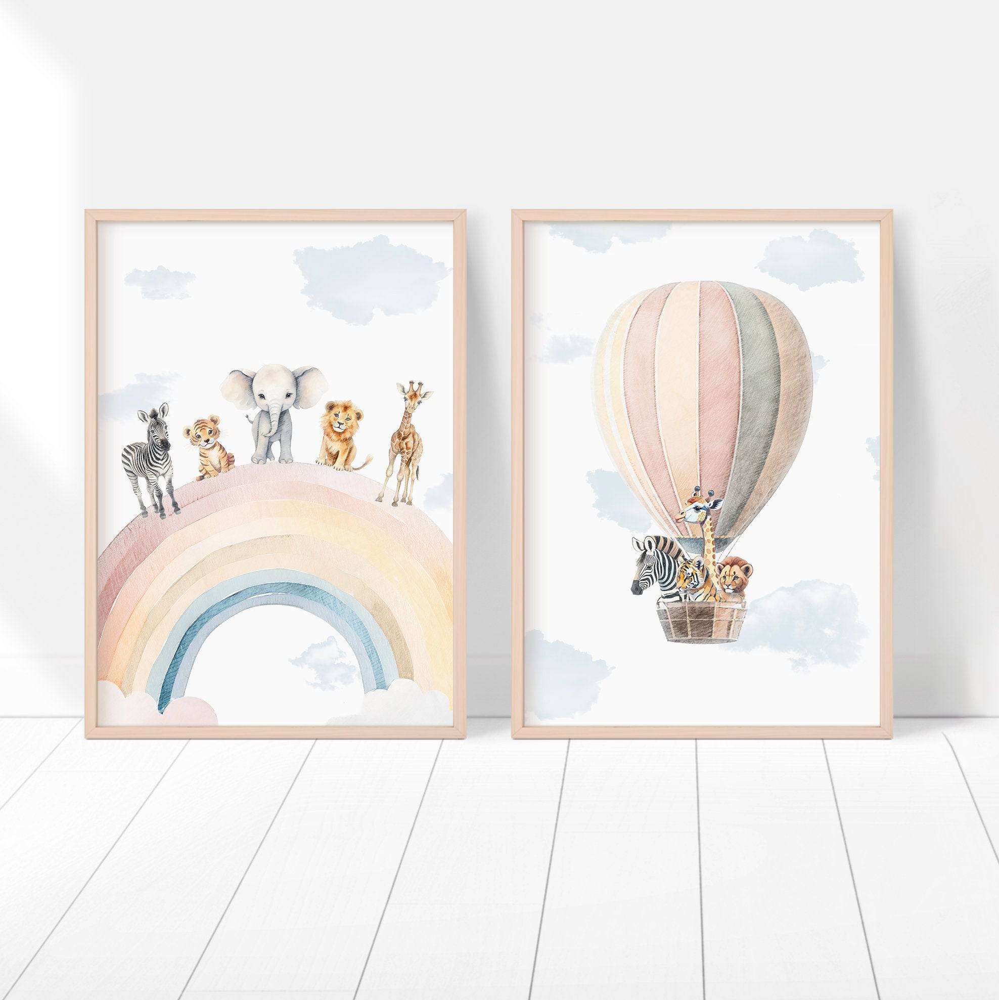 Safari Animal Rainbow Nursery Prints | Set of 2 | Hot Air Balloon Wall Art for Baby's Room - RoseRowanDesign