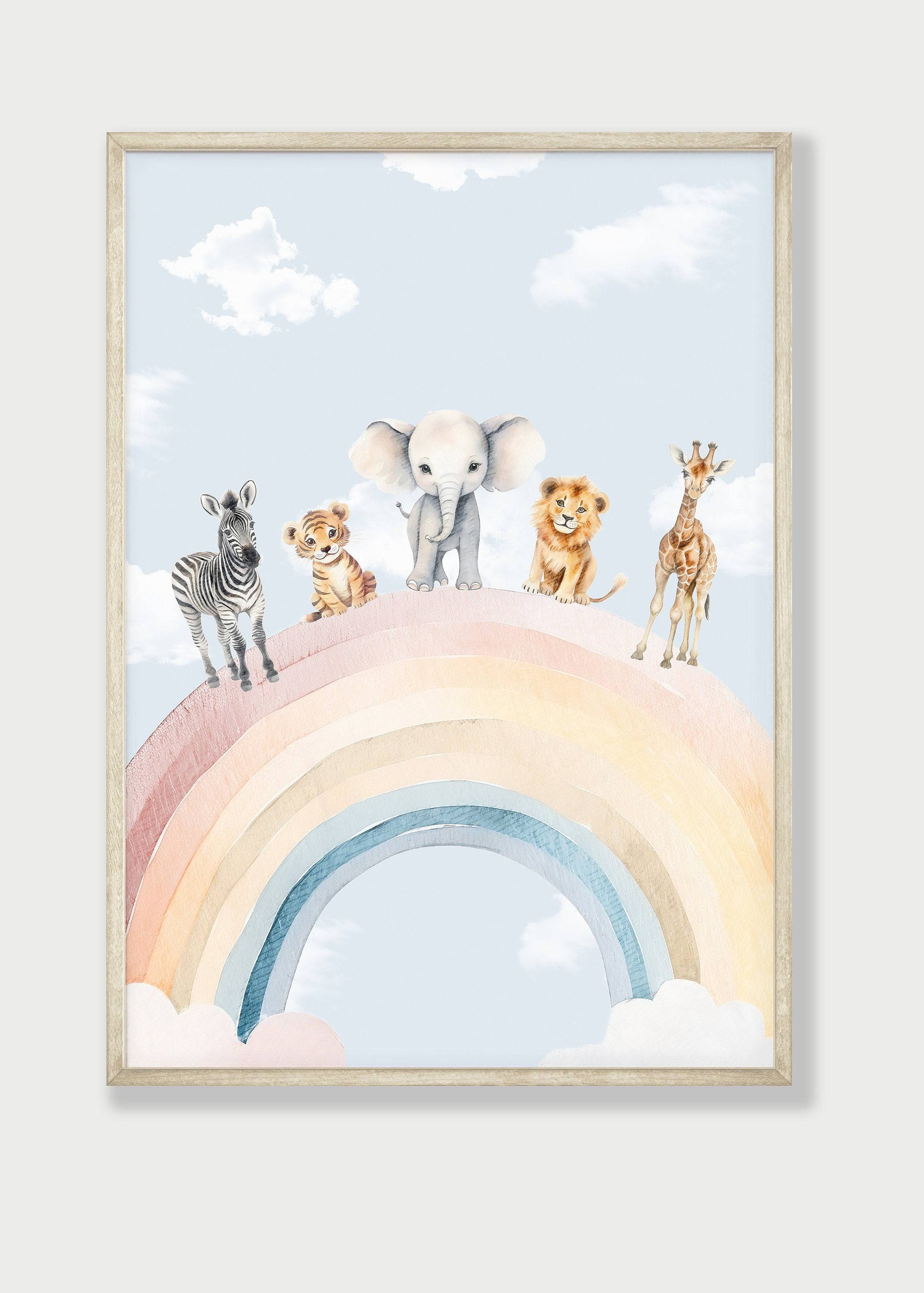 Safari Animal Rainbow Nursery Prints | Set of 2 | Hot Air Balloon Wall Art for Baby's Room - RoseRowanDesign