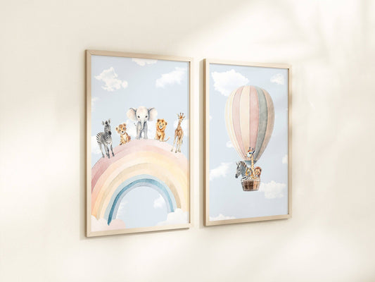 Safari Animal Rainbow Nursery Prints | Set of 2 | Hot Air Balloon Wall Art for Baby's Room - RoseRowanDesign