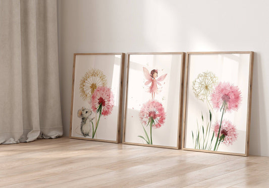 Boho Fairy Nursery Prints | Set of 3 | Pink Dandelion Wall Art for Girls' Bedroom - RoseRowanDesign