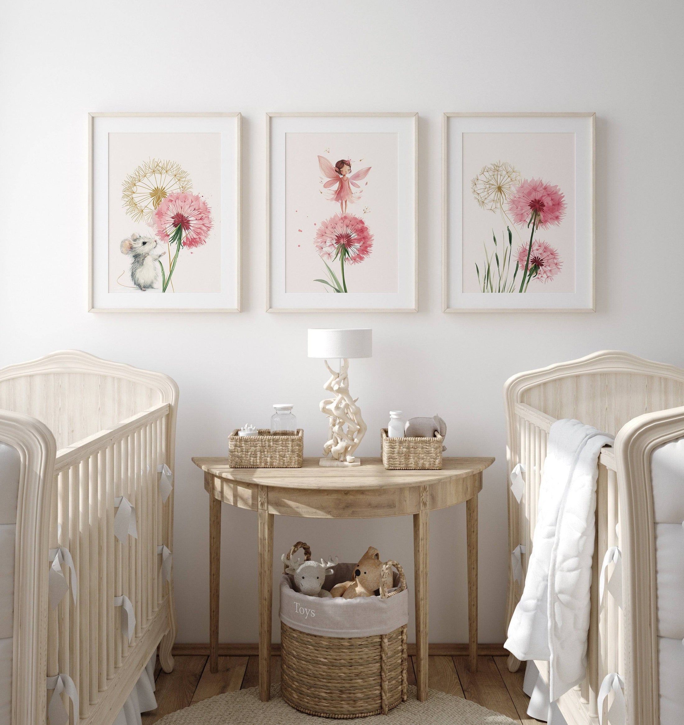 Boho Fairy Nursery Prints | Set of 3 | Pink Dandelion Wall Art for Girls' Bedroom - RoseRowanDesign