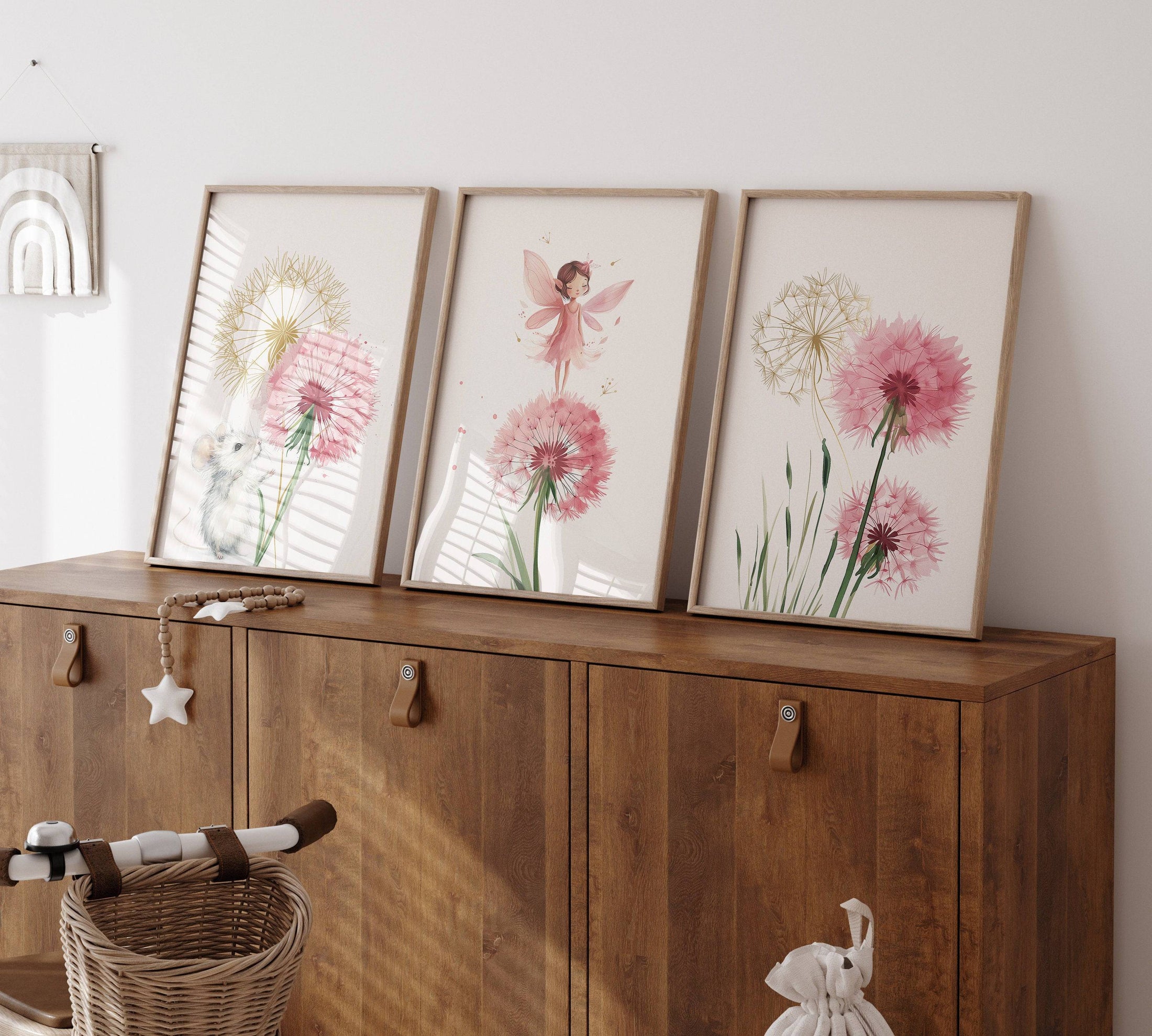 Boho Fairy Nursery Prints | Set of 3 | Pink Dandelion Wall Art for Girls' Bedroom - RoseRowanDesign