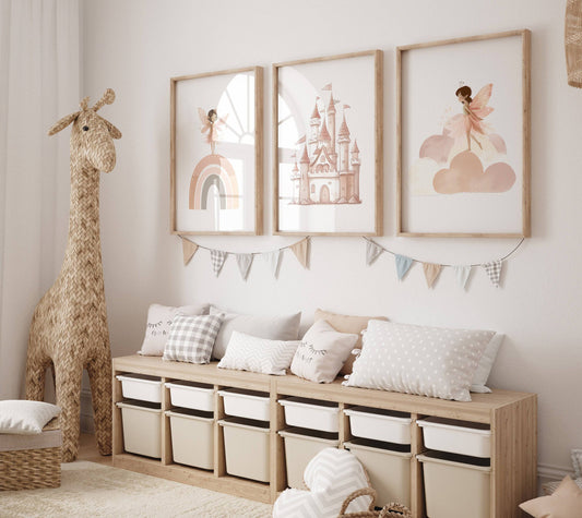 Boho Fairy Princess Castle Prints | Set of 3 | Whimsical Wall Art for Girls' Nursery - RoseRowanDesign
