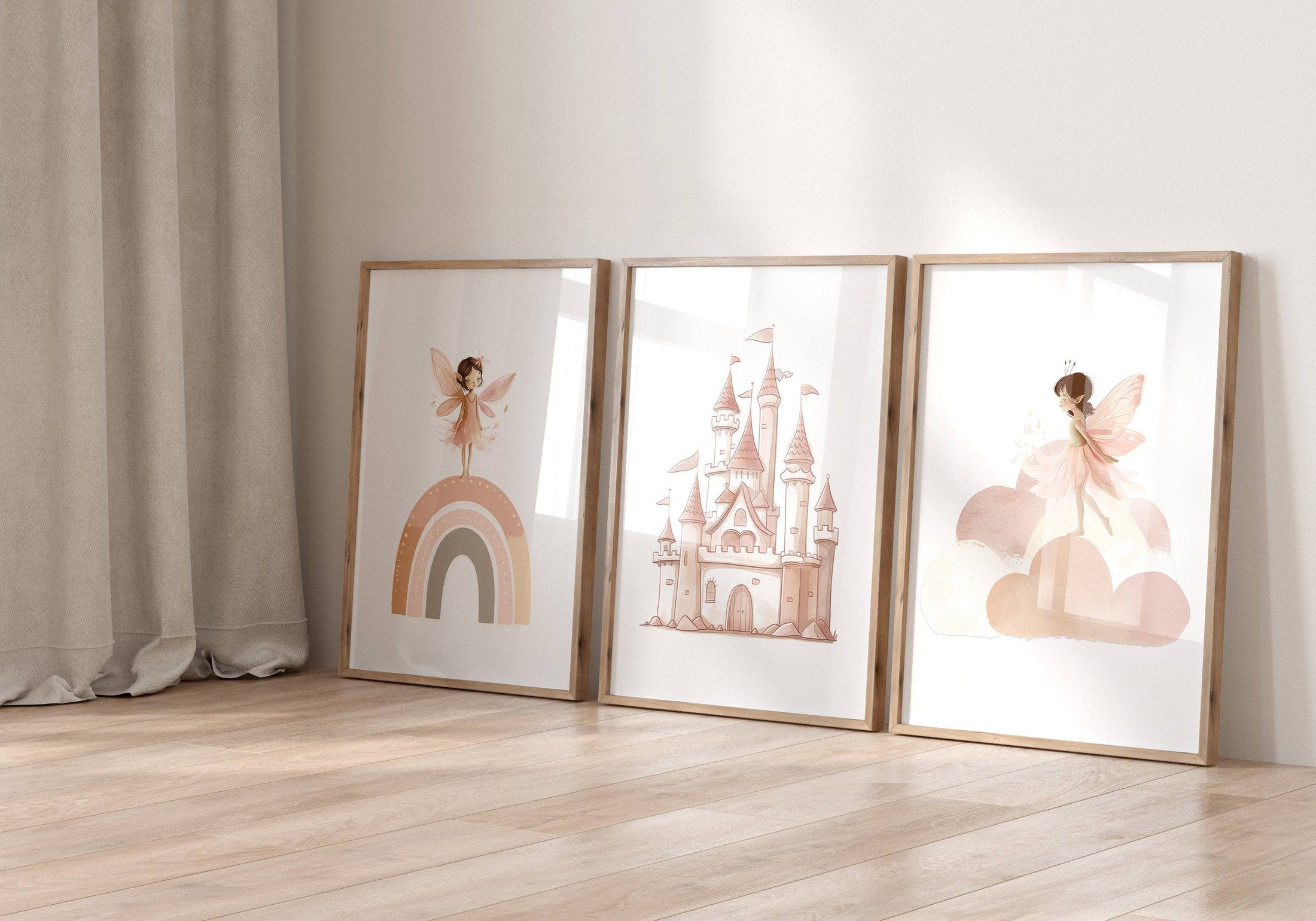 Boho Fairy Princess Castle Prints | Set of 3 | Whimsical Wall Art for Girls' Nursery - RoseRowanDesign