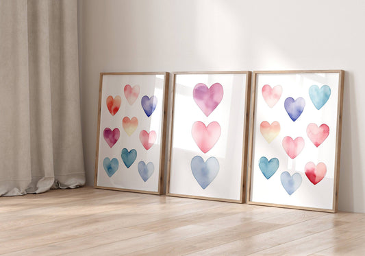 Boho Hearts Nursery Prints | Set of 3 | Pastel Watercolor Wall Art for Girls' Bedroom & Playroom - RoseRowanDesign