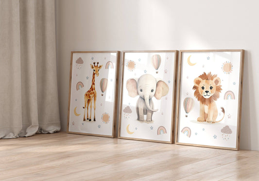 Boho Safari Animal Nursery Prints | Set of 6 | Wildflower Floral Wall Art for Baby Girl's Room - RoseRowanDesign
