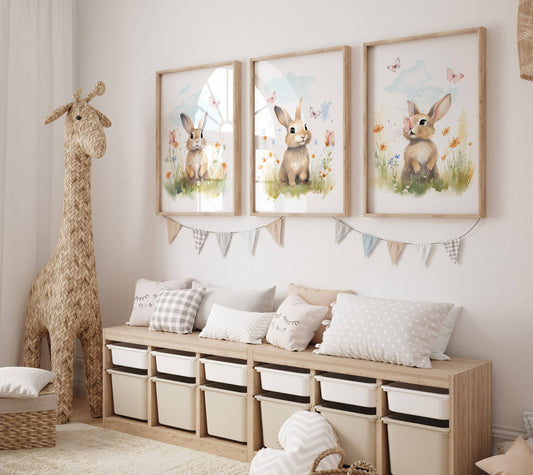 Bunny Nursery Wall Prints | Set of 3 | Wildflower & Butterfly Wall Art for Baby Girl's Room - RoseRowanDesign