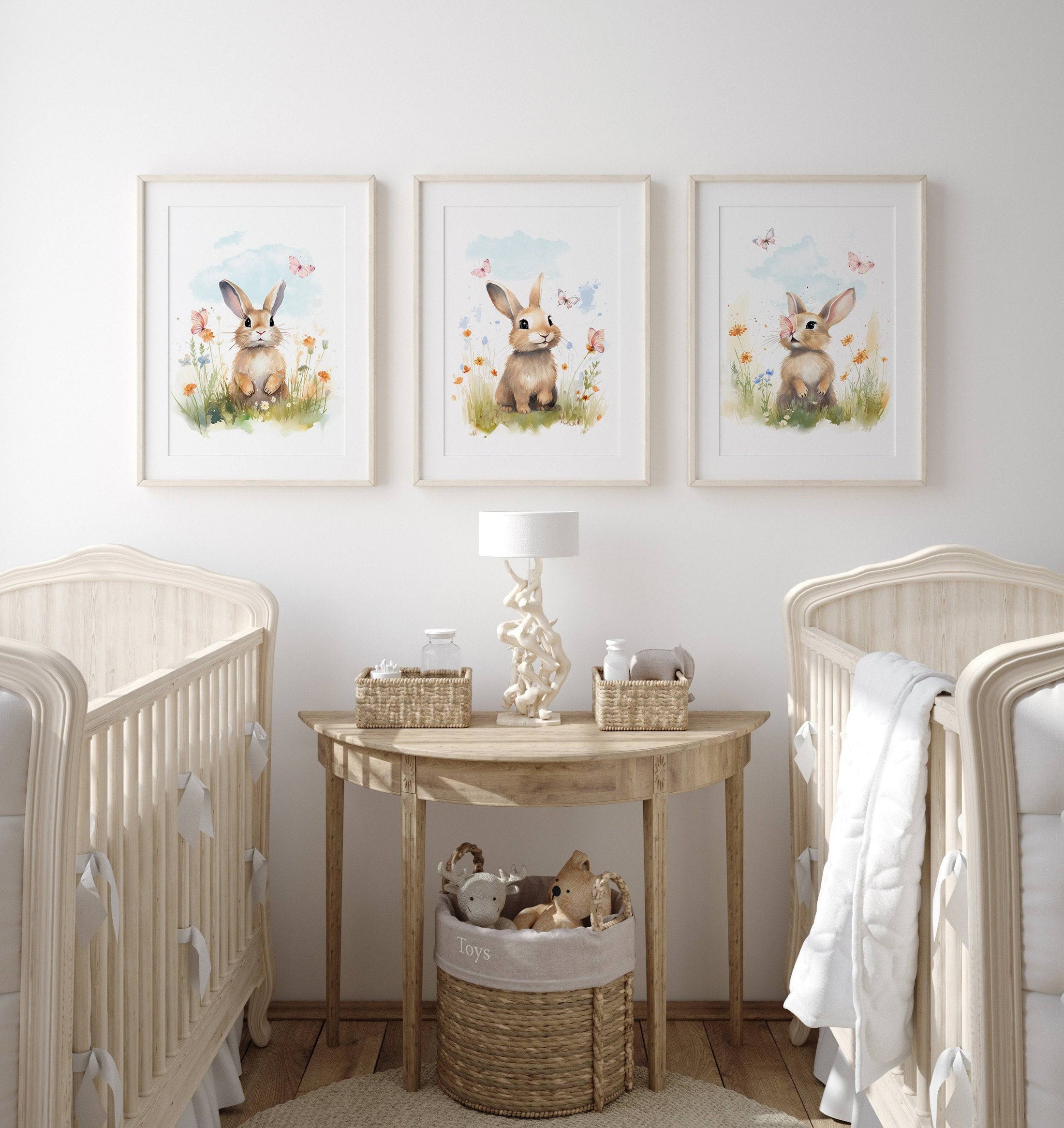 Bunny Nursery Wall Prints | Set of 3 | Wildflower & Butterfly Wall Art for Baby Girl's Room - RoseRowanDesign