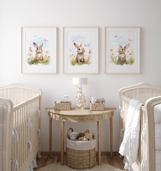 Bunny Nursery Wall Prints | Set of 3 | Wildflower & Butterfly Wall Art for Baby Girl's Room - RoseRowanDesign