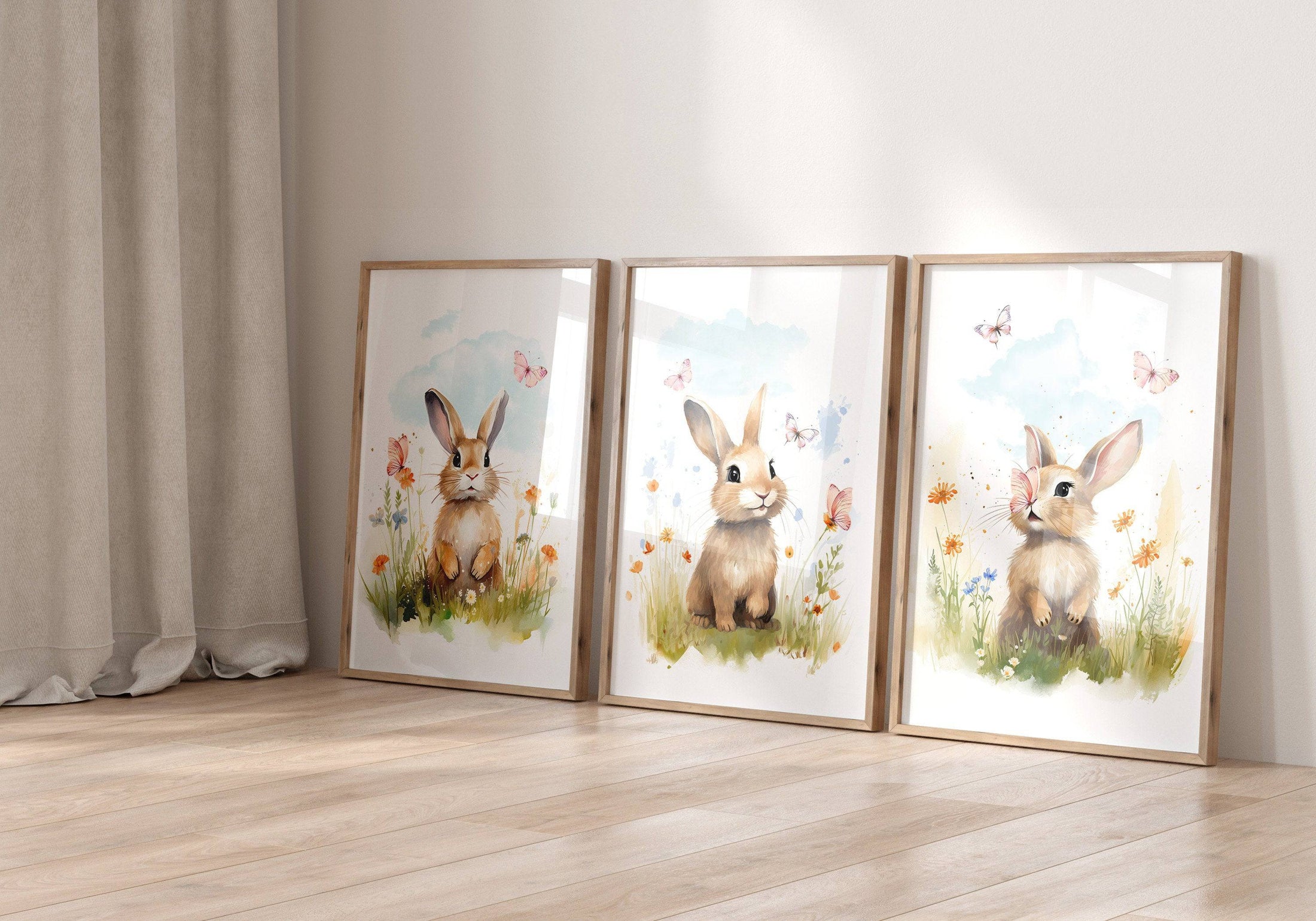 Bunny Nursery Wall Prints | Set of 3 | Wildflower & Butterfly Wall Art for Baby Girl's Room - RoseRowanDesign
