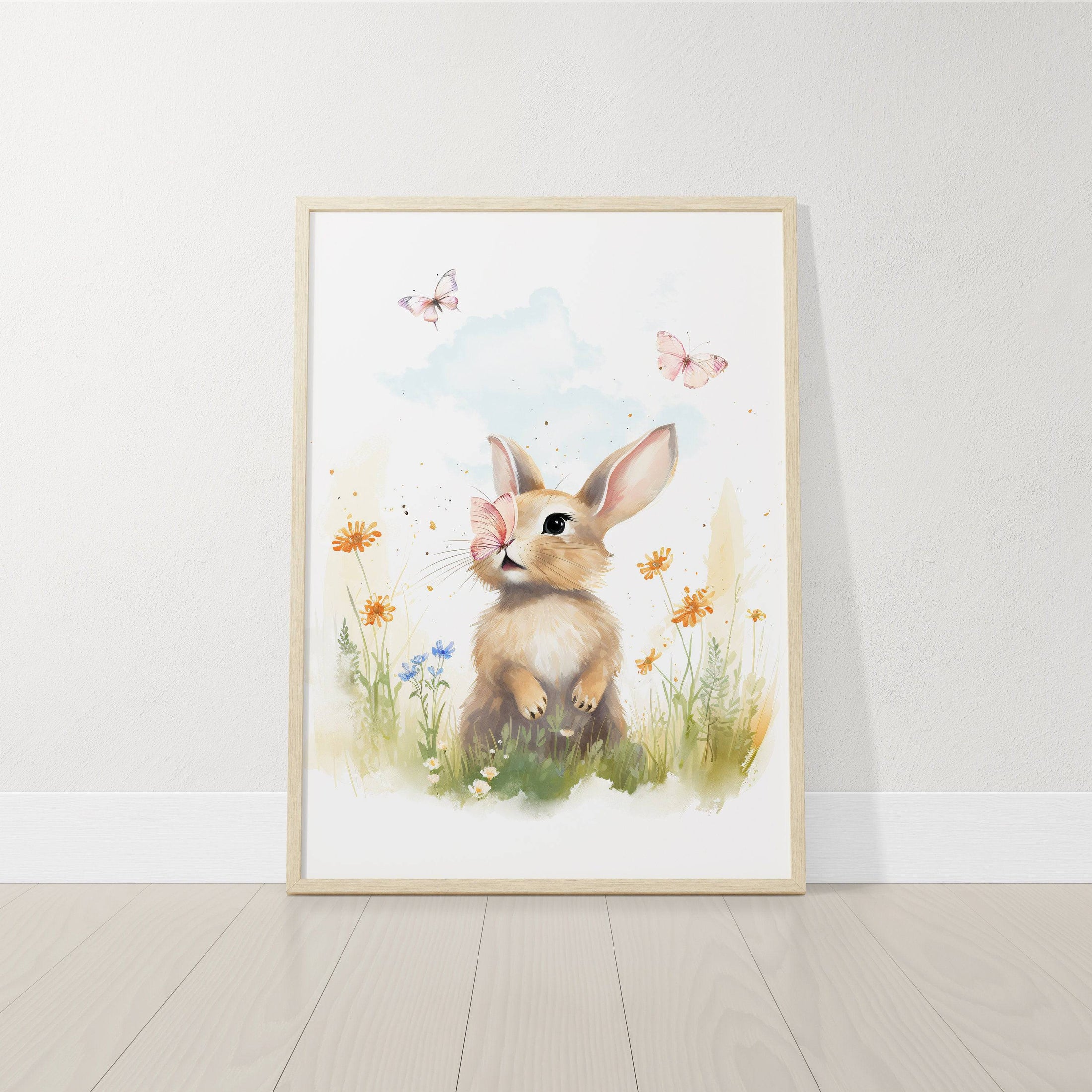 Bunny Nursery Wall Prints | Set of 3 | Wildflower & Butterfly Wall Art for Baby Girl's Room - RoseRowanDesign