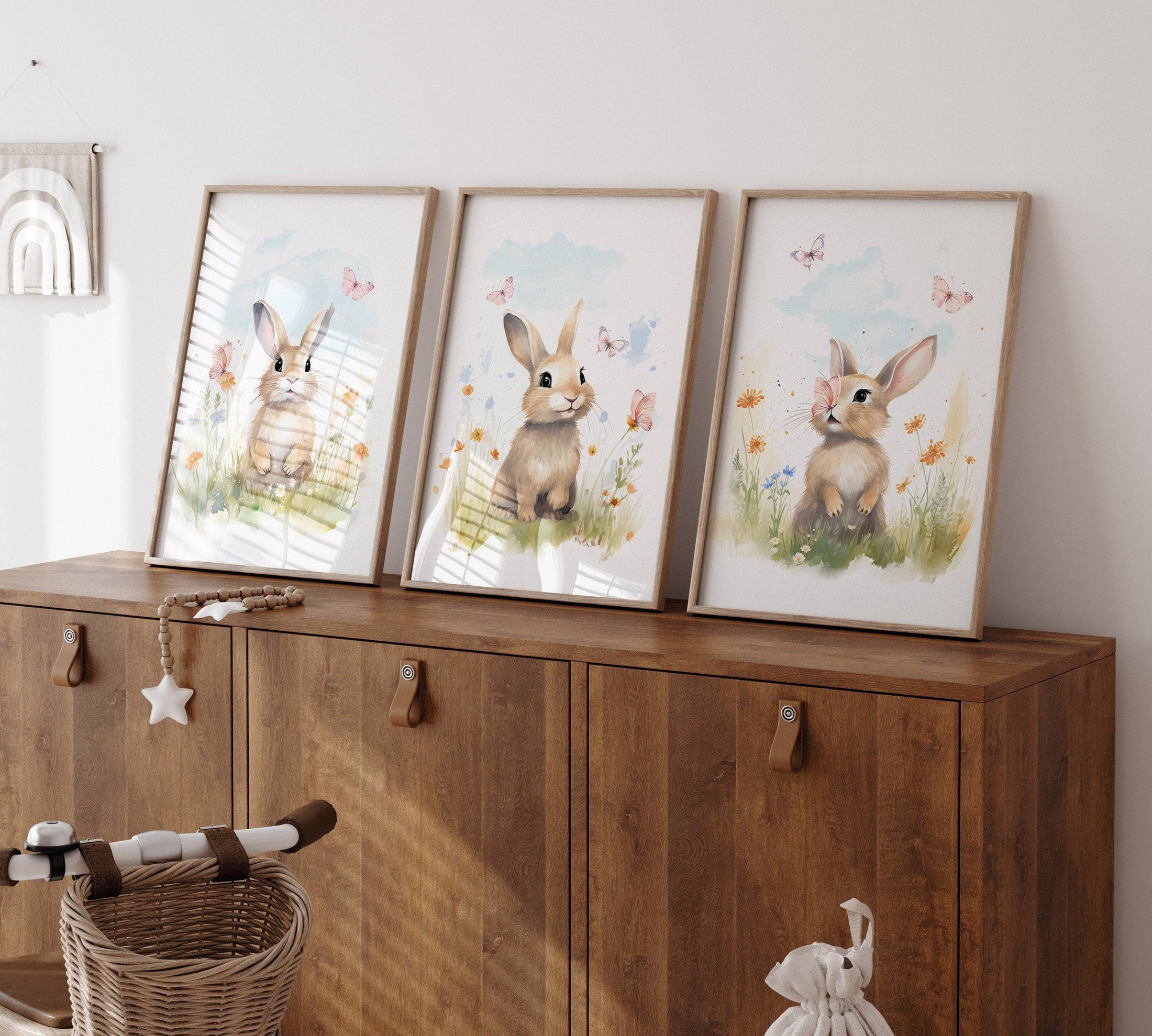 Bunny Nursery Wall Prints | Set of 3 | Wildflower & Butterfly Wall Art for Baby Girl's Room - RoseRowanDesign
