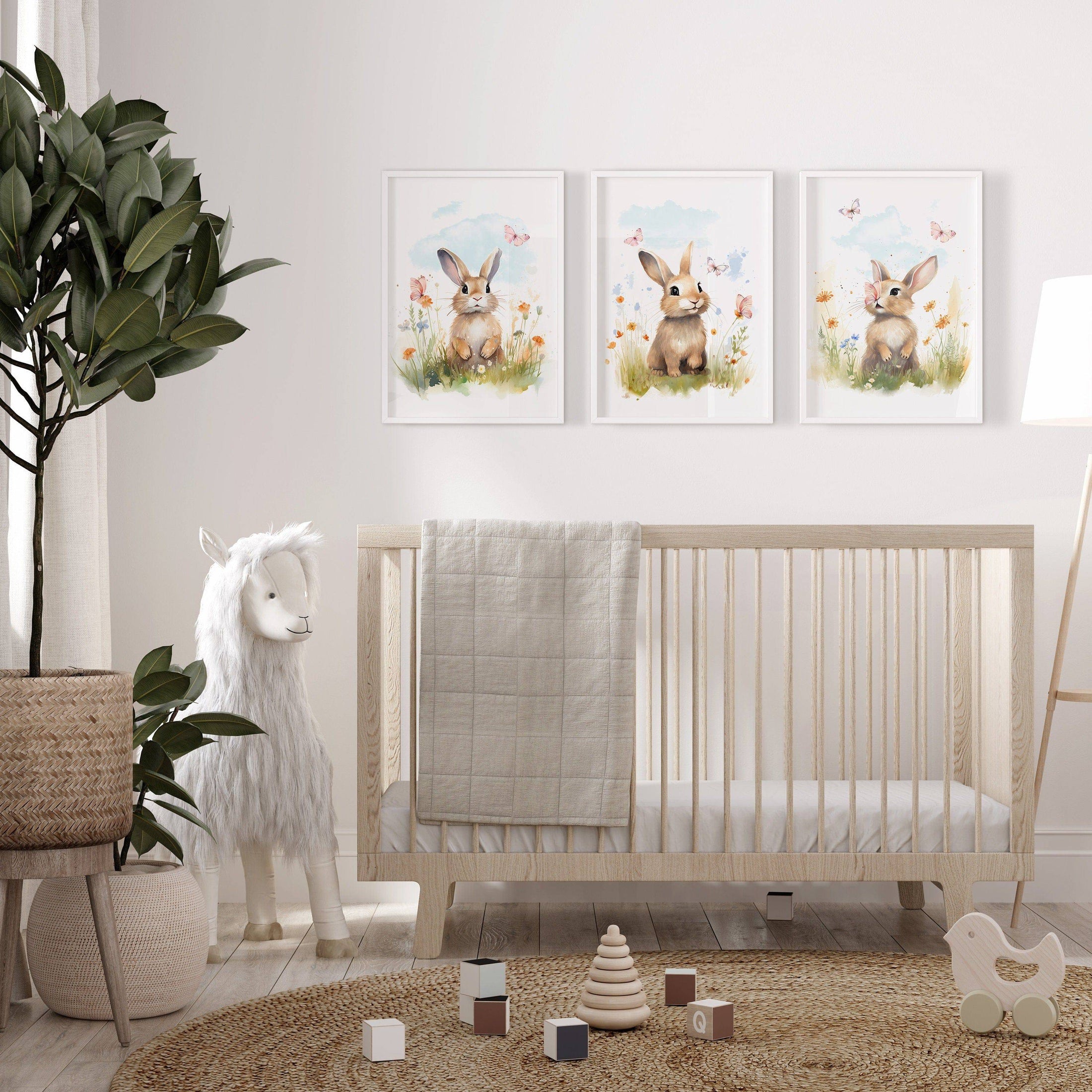 Bunny Nursery Wall Prints | Set of 3 | Wildflower & Butterfly Wall Art for Baby Girl's Room - RoseRowanDesign