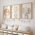 Load image into Gallery viewer, Cute Animals with Bows | Blue | Set of 3 Safari Theme Nursery Prints - RoseRowanDesign
