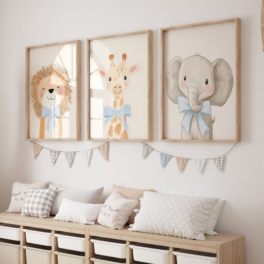 Cute Animals with Bows | Blue | Set of 3 Safari Theme Nursery Prints - RoseRowanDesign