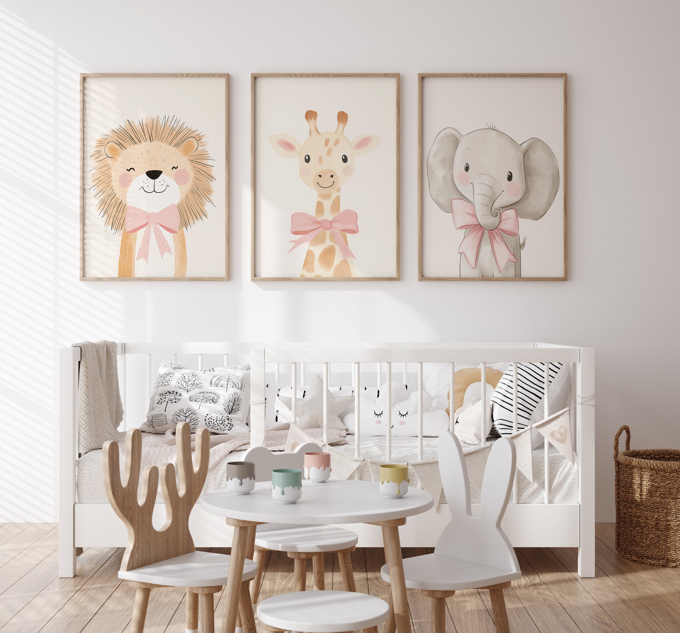 Cute Animals with Bows | Pink | Set of 3 Safari Theme Nursery Prints - RoseRowanDesign