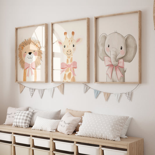 Cute Animals with Bows | Pink | Set of 3 Safari Theme Nursery Prints - RoseRowanDesign