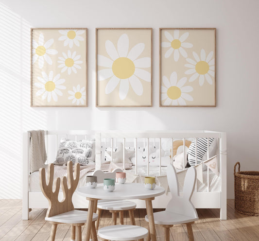 Daisy Wall Art Prints | Set of 3 | Floral Decor for Girls' Nursery, Beige Boho Playroom Wall Art - RoseRowanDesign