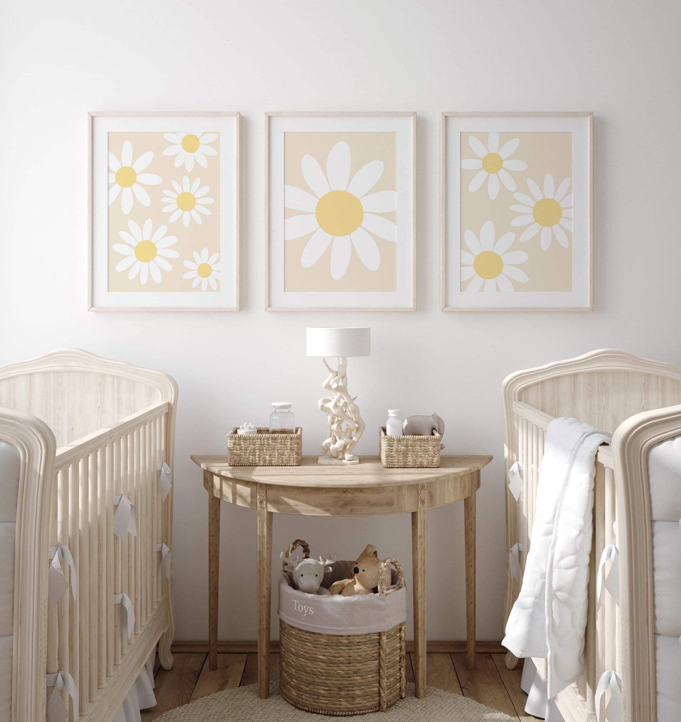 Daisy Wall Art Prints | Set of 3 | Floral Decor for Girls' Nursery, Beige Boho Playroom Wall Art - RoseRowanDesign