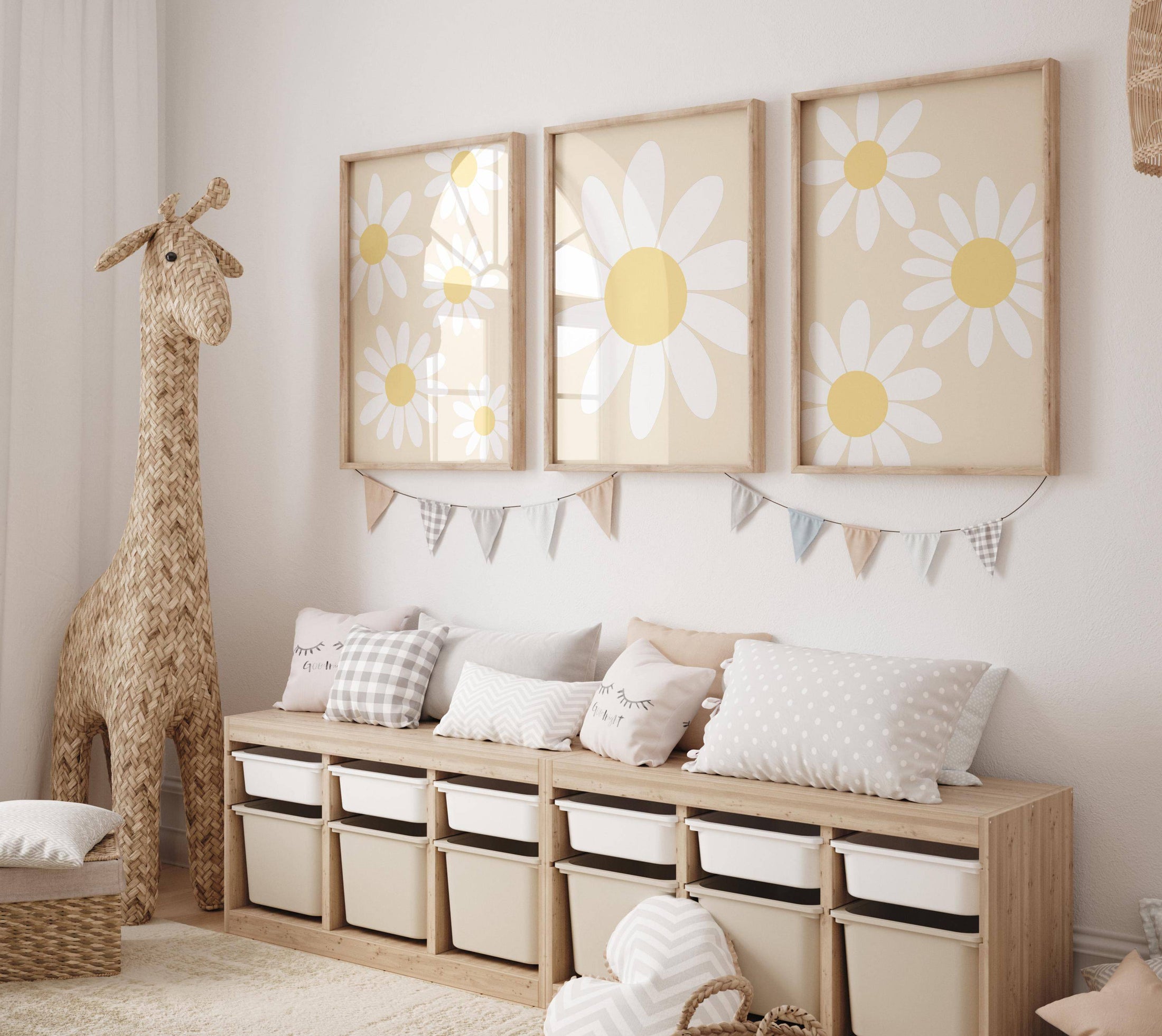 Daisy Wall Art Prints | Set of 3 | Floral Decor for Girls' Nursery, Beige Boho Playroom Wall Art - RoseRowanDesign