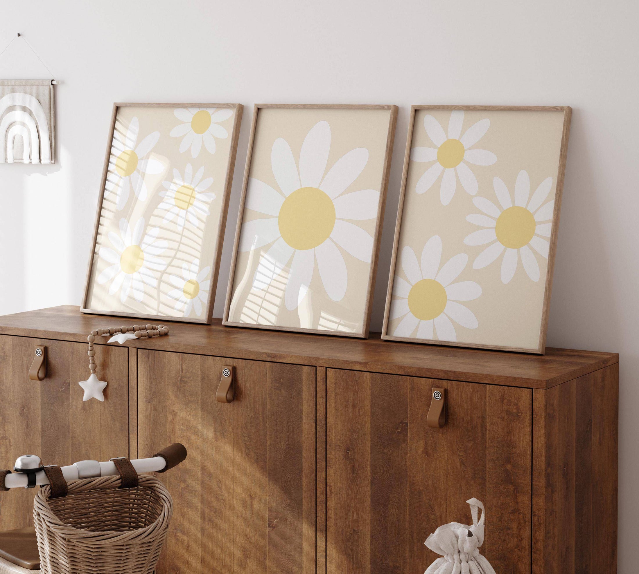 Daisy Wall Art Prints | Set of 3 | Floral Decor for Girls' Nursery, Beige Boho Playroom Wall Art - RoseRowanDesign