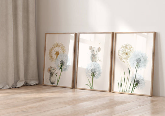 Dandelion & Mice Nursery Prints | Set of 3 | Gender Neutral Farmhouse Wall Art for Playroom Decor - RoseRowanDesign