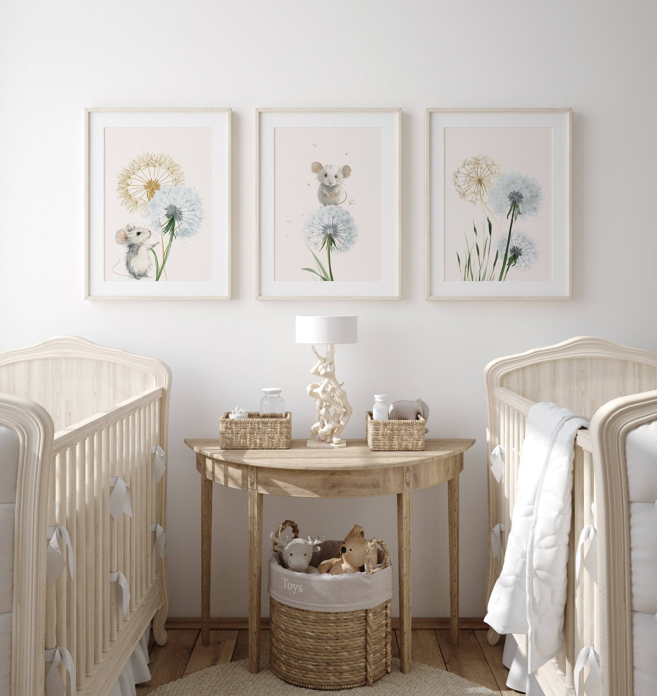 Dandelion & Mice Nursery Prints | Set of 3 | Gender Neutral Farmhouse Wall Art for Playroom Decor - RoseRowanDesign