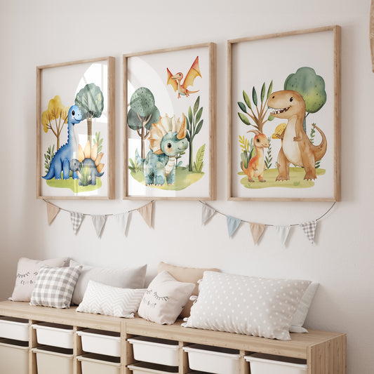 Dinosaur Kids Wall Art | Set of 3 Nursery Prints | Dinosaur Themed Bedroom - RoseRowanDesign