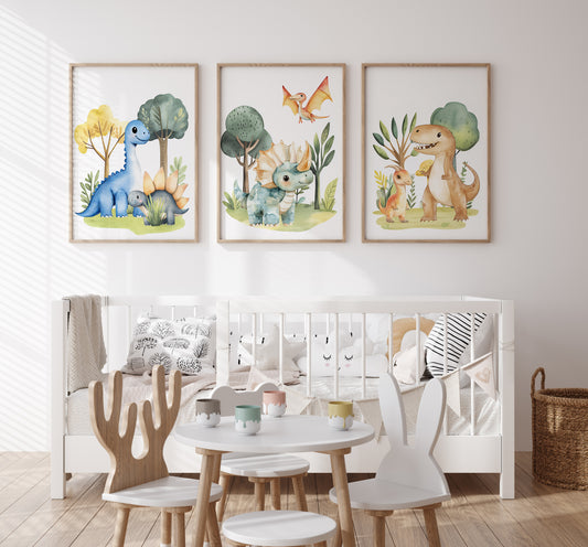 Dinosaur Kids Wall Art | Set of 3 Nursery Prints | Dinosaur Themed Bedroom - RoseRowanDesign