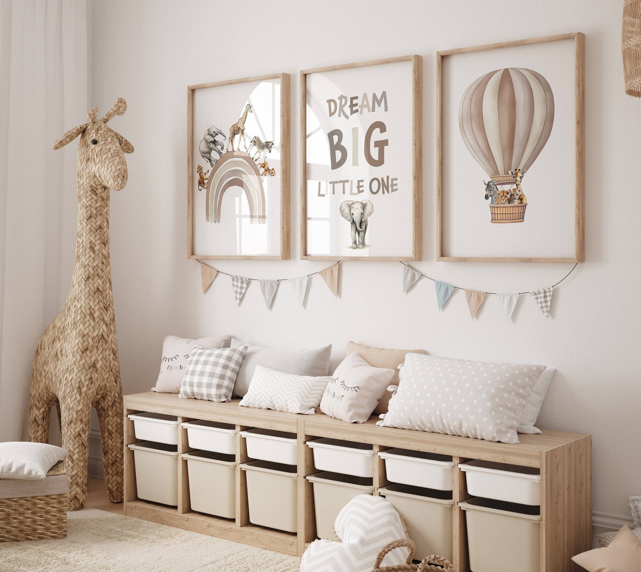 Dream Big Safari Animals, Rainbow and Hot Air Balloon  | Beige | Set of 3 Nursery Prints - RoseRowanDesign