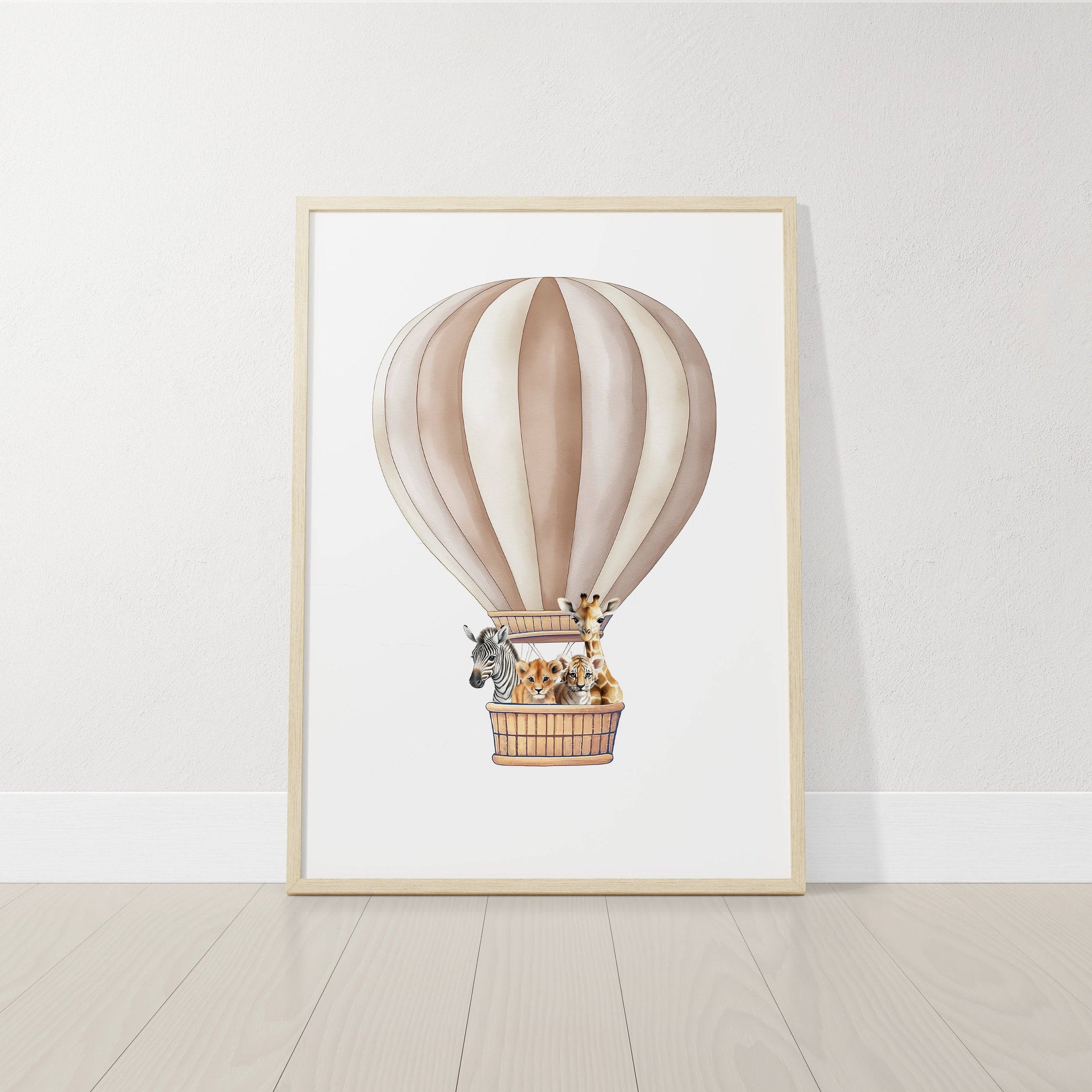 Dream Big Safari Animals, Rainbow and Hot Air Balloon  | Beige | Set of 3 Nursery Prints - RoseRowanDesign