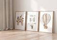Load image into Gallery viewer, Dream Big Safari Animals, Rainbow and Hot Air Balloon  | Beige | Set of 3 Nursery Prints - RoseRowanDesign
