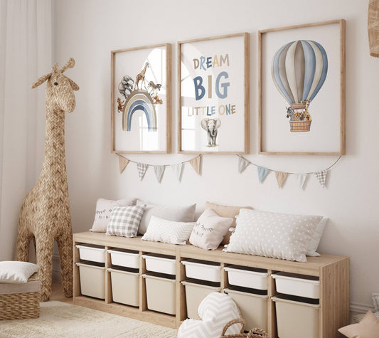 Dream Big Safari Animals, Rainbow and Hot Air Balloon | Blue | Set of 3 Nursery Prints - RoseRowanDesign