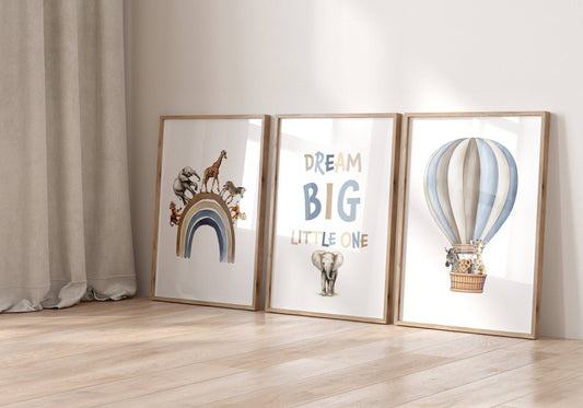 Dream Big Safari Animals, Rainbow and Hot Air Balloon | Blue | Set of 3 Nursery Prints - RoseRowanDesign