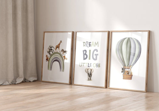 Dream Big Safari Animals, Rainbow and Hot Air Balloon | Green | Set of 3 Nursery Prints - RoseRowanDesign