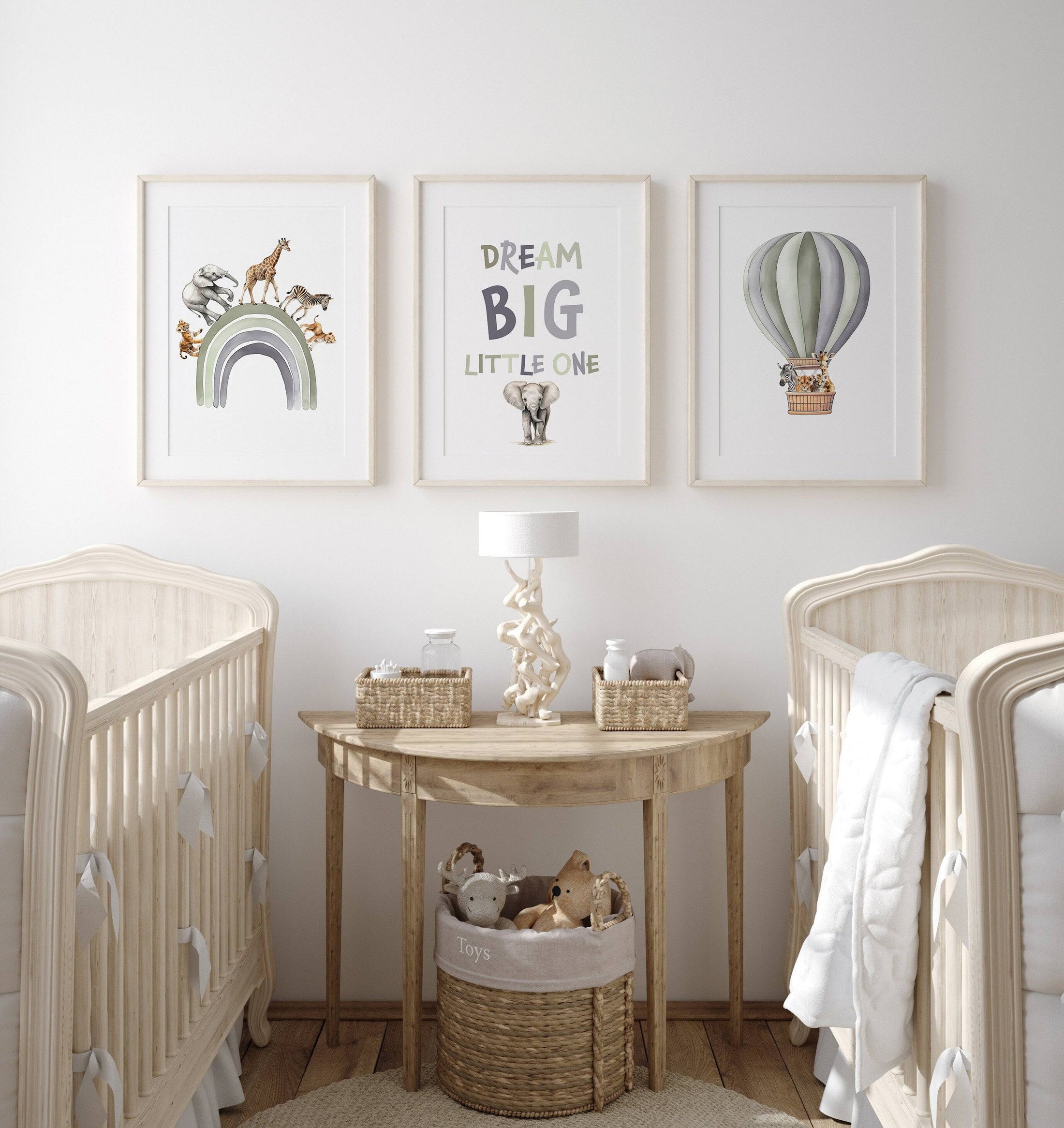 Dream Big Safari Animals, Rainbow and Hot Air Balloon | Green | Set of 3 Nursery Prints - RoseRowanDesign