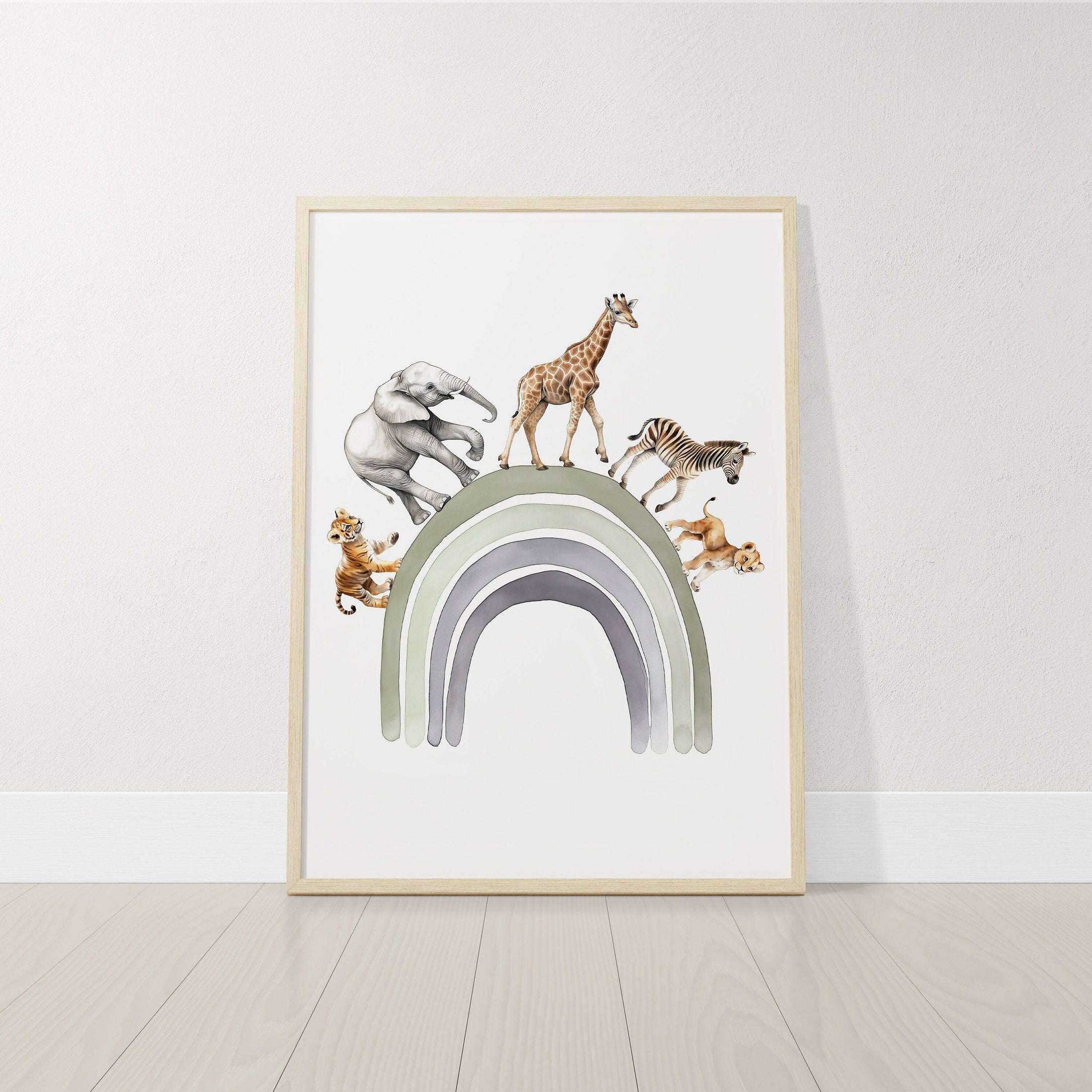 Dream Big Safari Animals, Rainbow and Hot Air Balloon | Green | Set of 3 Nursery Prints - RoseRowanDesign